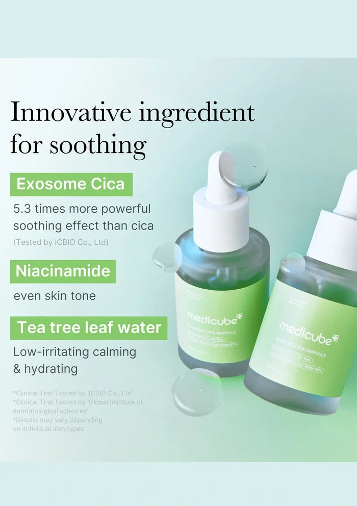 Two skincare bottles with exosome cica, niacinamide, and tea tree leaf water on a light green background.