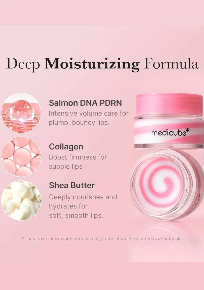 Lip balm with ingredients listed on a pink background