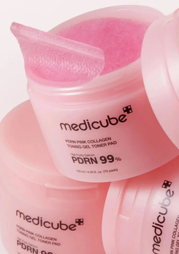 Pink collagen toning gel toner pad with Medicube branding on a light pink background