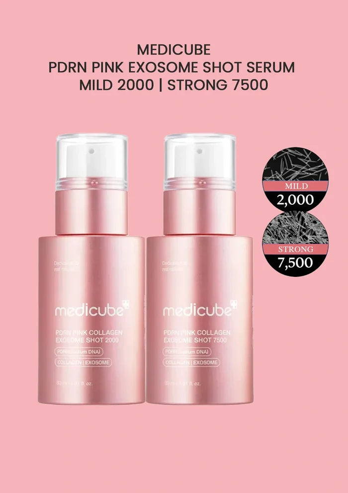 Two pink skincare serum bottles with labels on a pink background