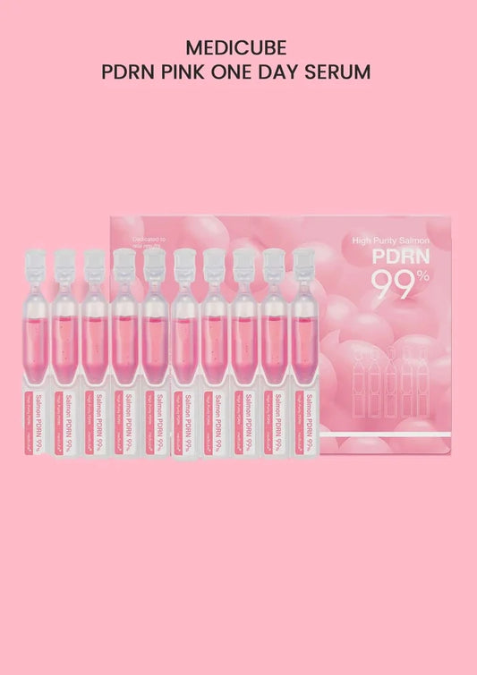 Medicube PDRN Pink One Day Serum packaging on a pink background
