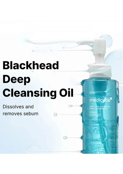 Blue bottle of blackhead deep cleansing oil with text on a white background