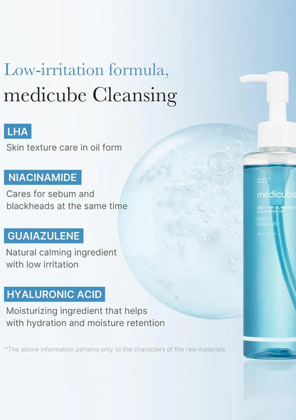 Medicube Cleansing product with ingredients listed on a light blue background