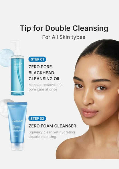 Product advertisement for zero pore blackhead cleansing oil and zero foam cleanser with a model's face.