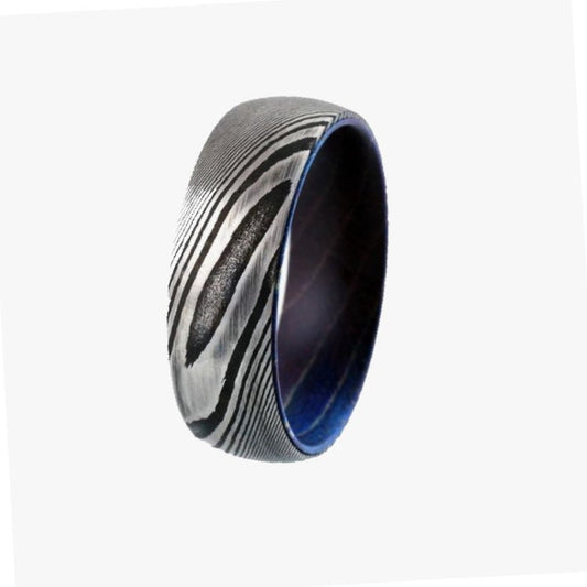 Men’s Damascus Steel Ring with Purple Hard Wood Inner Sleeve (8mm)
