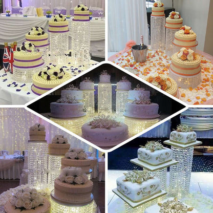 Elegant wedding cake displays with ornate designs and crystal accents.