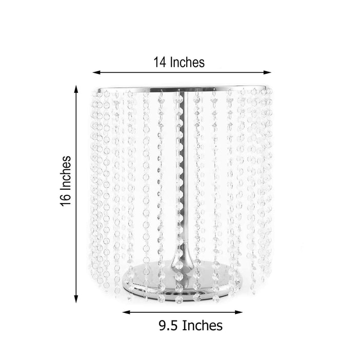 Crystal beaded table lamp with silver base, 14 inches wide and 16 inches tall.