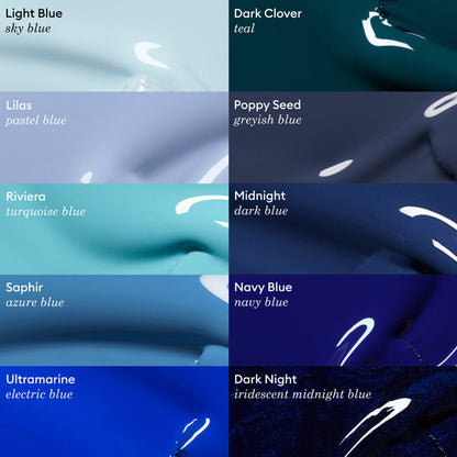 A grid shows ten blue paint swatches, such as the glossy "Midnight" by Manucurist. Each shade is named and described, reminiscent of the signature shine of Green Flash gel polish.