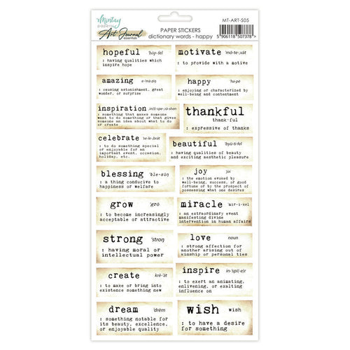 Mintay - 6X12 Art Journal Paper Stickers - Dictionary Words - Happy. Available at Embellish Away in Bowmanville Ontario Canada.