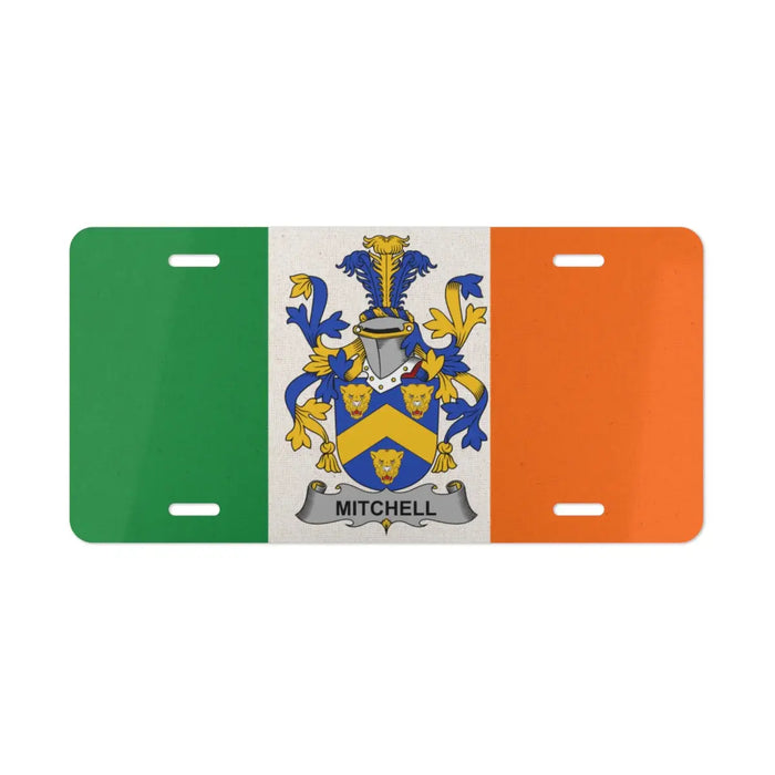 Irish flag license plate featuring the Mitchell family crest