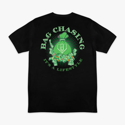 Black t-shirt with green money bag graphic design and 'Bag Chasing' text on a white background