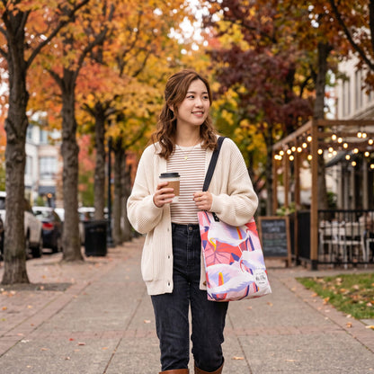 Ms. Chu tote bag styled with autumn outfit and coffee