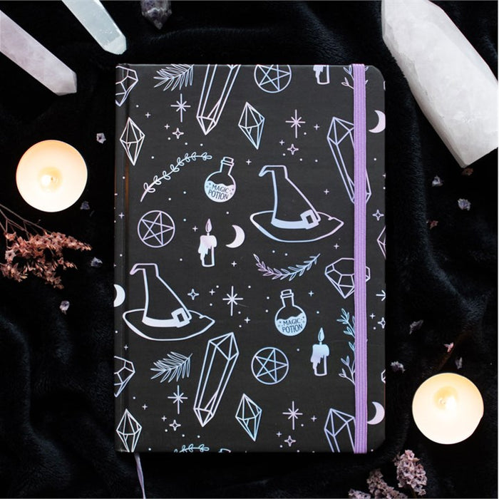 mystical crystal holographic a5 notebook styled in home setting with magical stationery feel