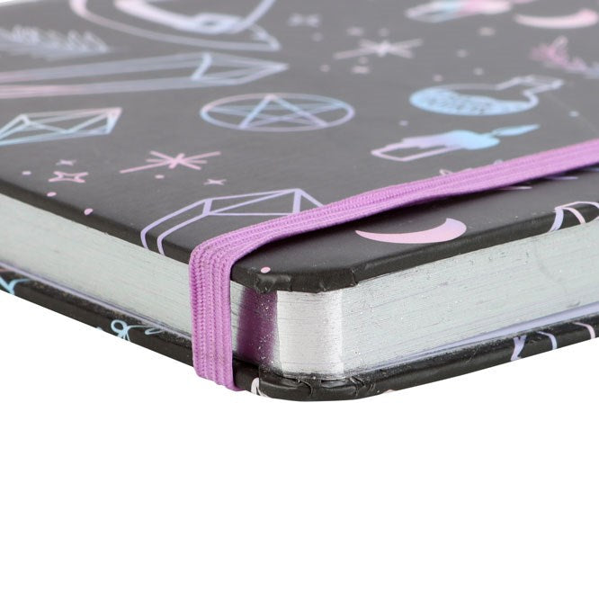 side view of mystical crystal notebook showing metallic page edging and quality finish