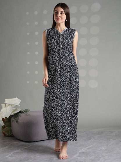 Navy floral rayon branded sleeveless nightgown for women