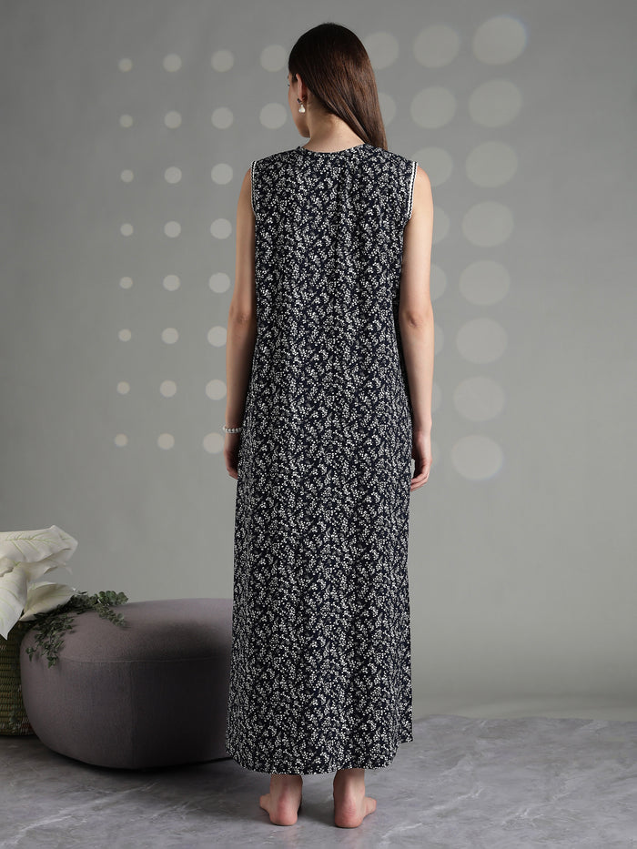 Navy floral rayon branded sleeveless nightgown for women