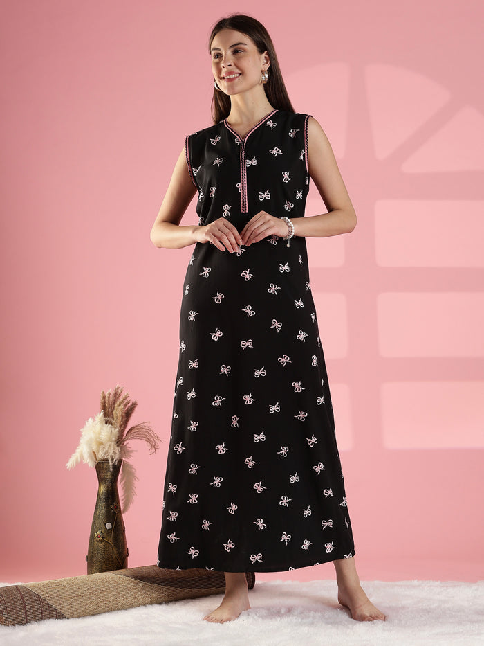 Noir bow print sleeveless summer nightwear for women