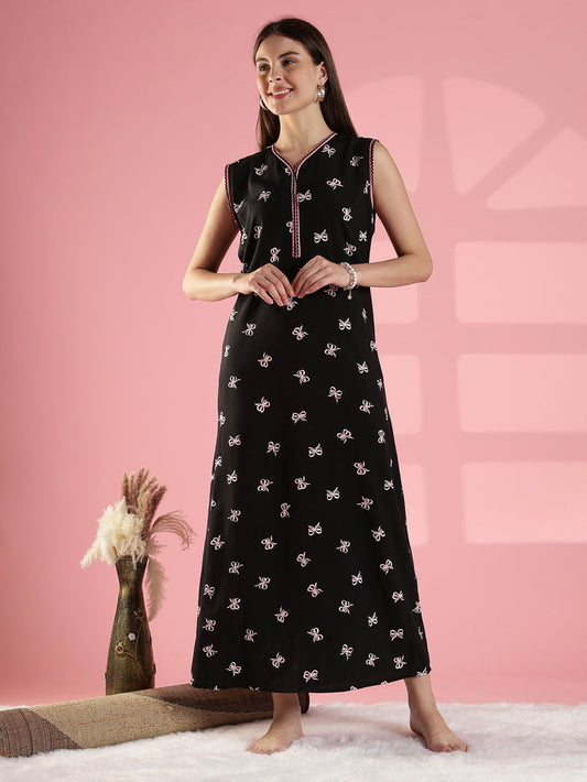 Noir bow print sleeveless summer nightwear for women