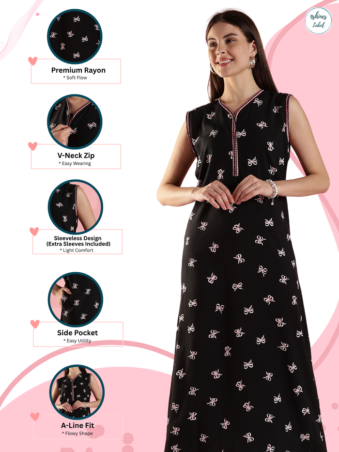 Noir bow print sleeveless summer nightwear for women