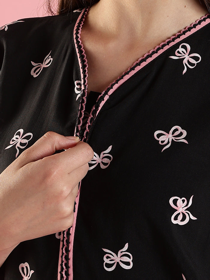 Noir bow print sleeveless summer nightwear for women