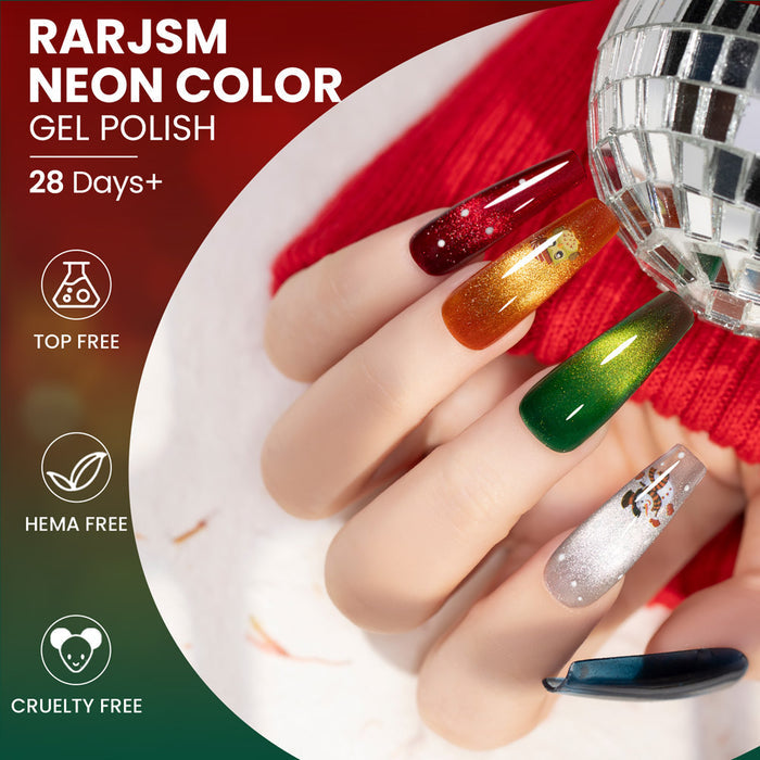 Nordic Yuletide cat eye gel polish Christmas nail art red green gold silver festive holiday manicure
