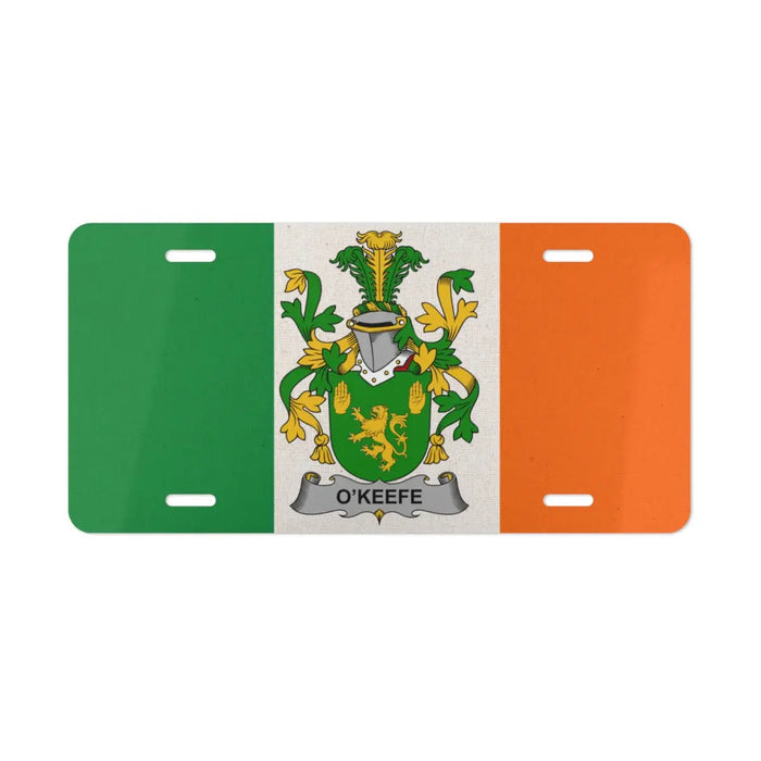 Irish flag license plate featuring the O'Keefe family crest