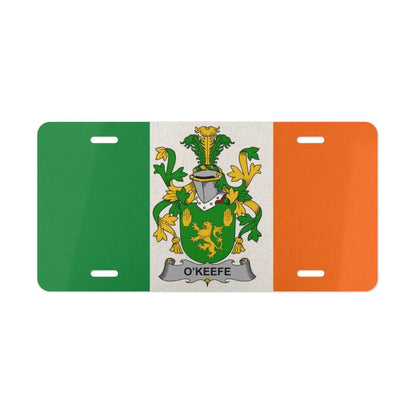 Irish flag license plate featuring the O'Keefe family crest