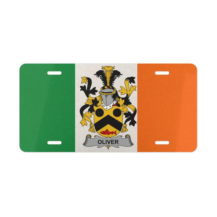 Irish flag license plate featuring the Oliver family crest