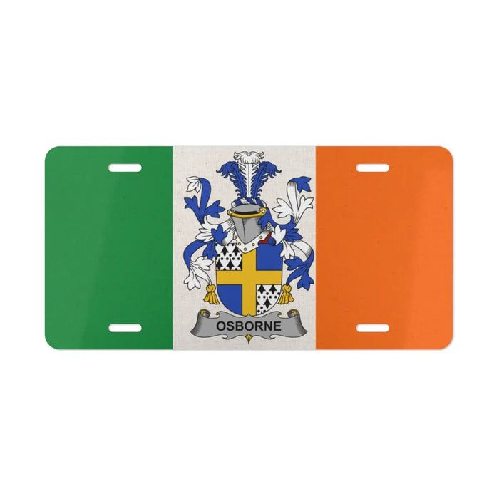 Irish flag license plate featuring the Osborne family crest