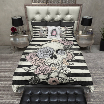Pastel Flower and Skull Striped CREAM Bedding Collection