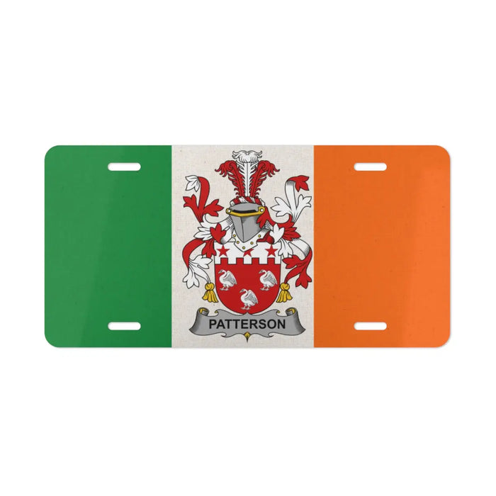 Irish flag license plate featuring the Patterson family crest
