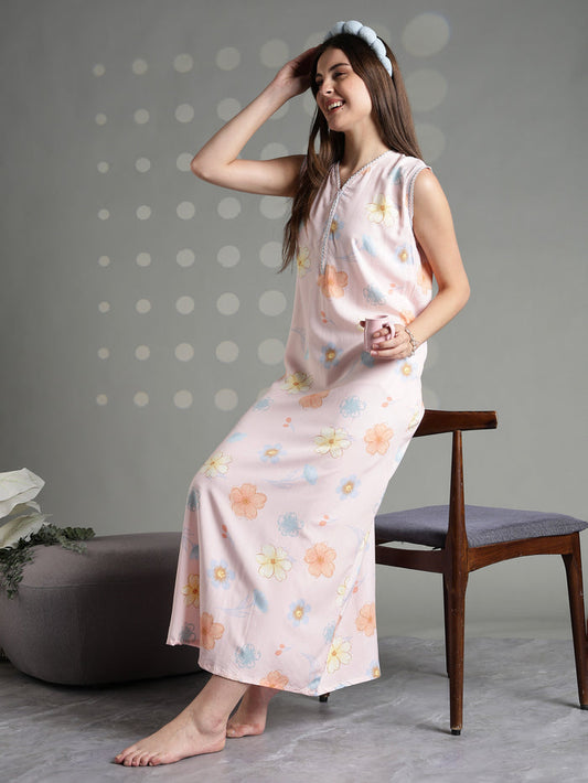 Peach blossom rayon sleeveless night gown for women