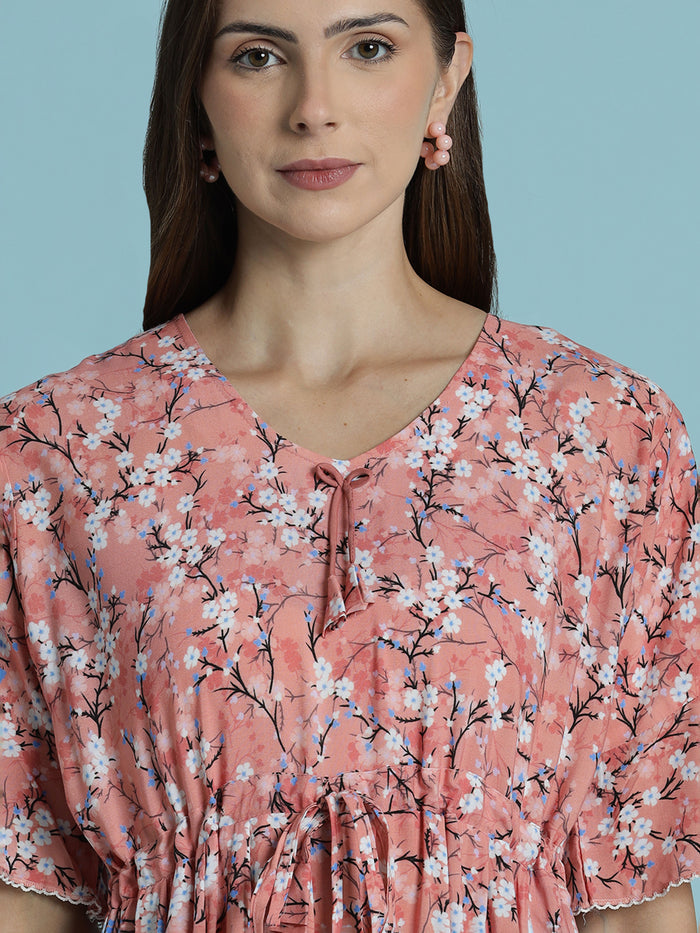 Peach Floral Rayon Nighty for Women Soft Flowy Relaxed Fit