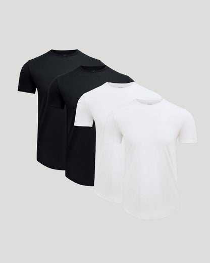 Four men's crew neck t-shirts in black and white shown in a pack, highlighting the Pima Cotton Blend Curved Hem Crew 4-Pack as comfortable men's basics.