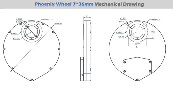 Player One Phoenix Wheel 7x36 mm Electronic Filter Wheel (PW7-36) - Astronomy Plus