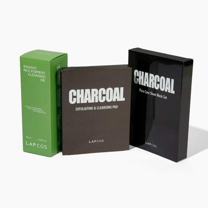 LAPCOS Pore Detox Bundle - Featuring our best pore cleanser, Radiant Rice Ferment Cleansing Oil, our Charcoal Pore Care Sheet Masks, and our Charcoal Exfoliating Pads at a special bundled price.