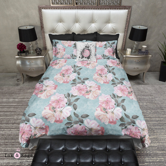 Powder Blue Dot and Pink Rose Floral Bedding Collection