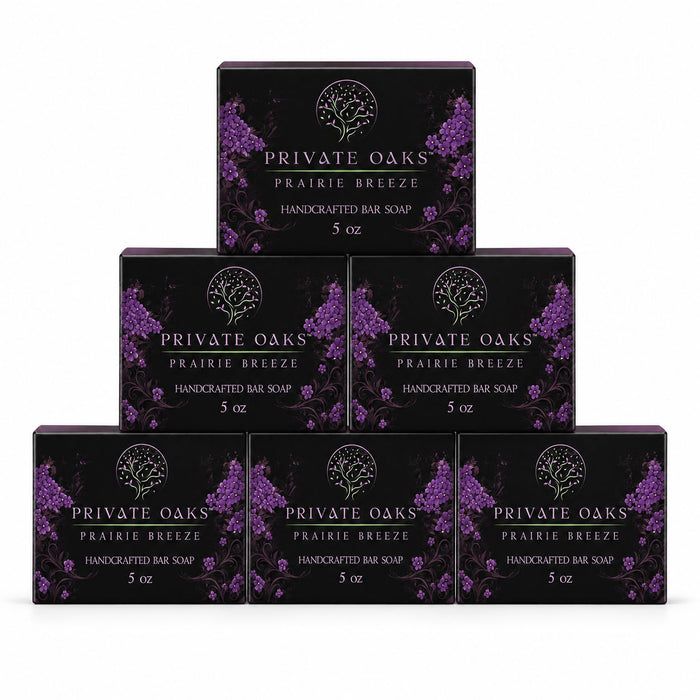 Seven boxes of Private Oaks Prairie Breeze Handcrafted Bar Soap arranged in a pyramid stack on a plain white background.
