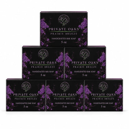 Seven boxes of Private Oaks Prairie Breeze Handcrafted Bar Soap arranged in a pyramid stack on a plain white background.