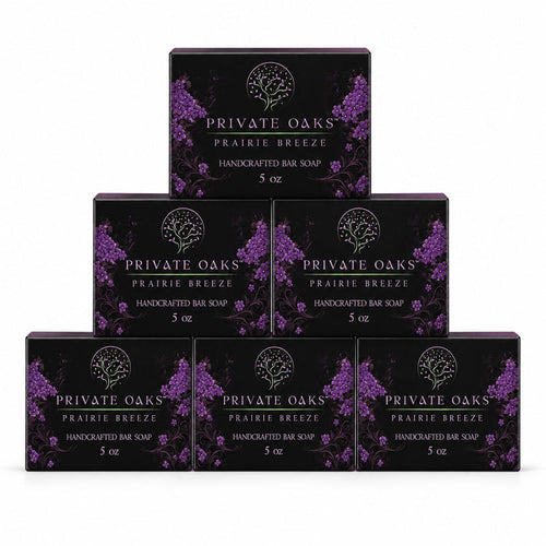 Seven boxes of Private Oaks Prairie Breeze Handcrafted Bar Soap arranged in a pyramid stack on a plain white background.