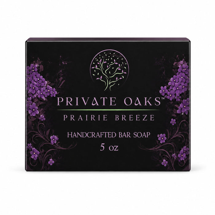 A 5 oz box of Private Oaks Prairie Breeze Handcrafted Bar Soap. The packaging is black with purple floral illustrations and white text.