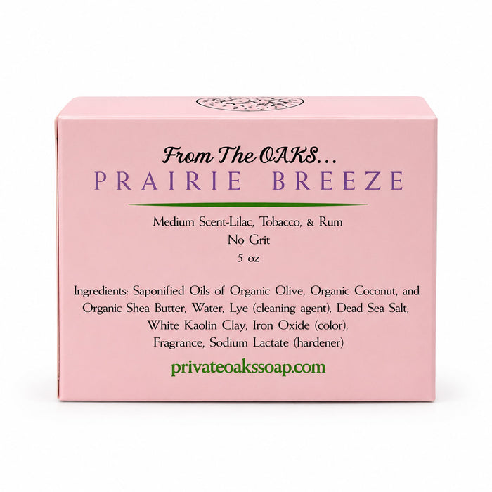 A pink rectangular box for Prairie Breeze scented soap by From The OAKS, with product details printed on the front including scent notes, ingredients, and the website privateoaksoaps.com.