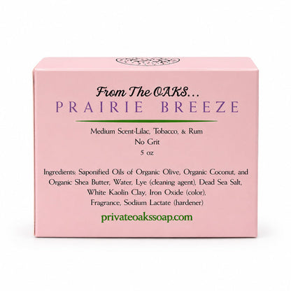A pink rectangular box for Prairie Breeze scented soap by From The OAKS, with product details printed on the front including scent notes, ingredients, and the website privateoaksoaps.com.