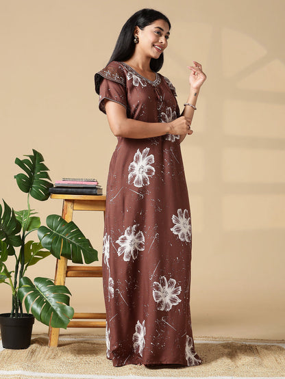 Classy Coffee Floral Rayon Night Gown for Women