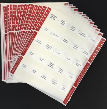 Collection of sheets with preprinted Prometric course tabs in red and white, organized for easy book highlighting