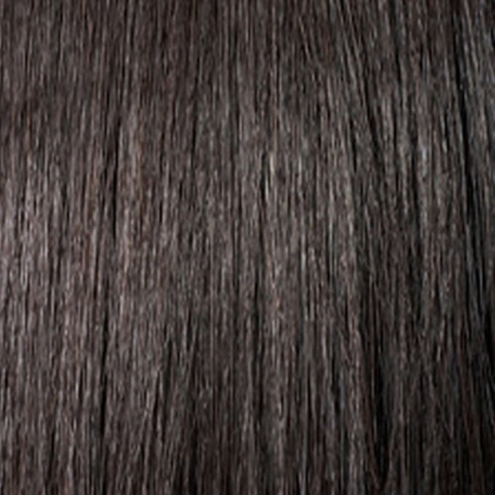 OUTRE sleek straight wrap ponytail extension in natural dark brown close up straight hair texture for smooth elegant styles