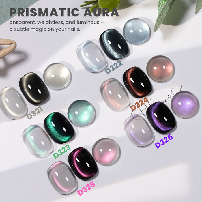 Prismatic Aura cat eye gel polish swatches 6 colors sheer iridescent shimmer transparent luminous aura effect