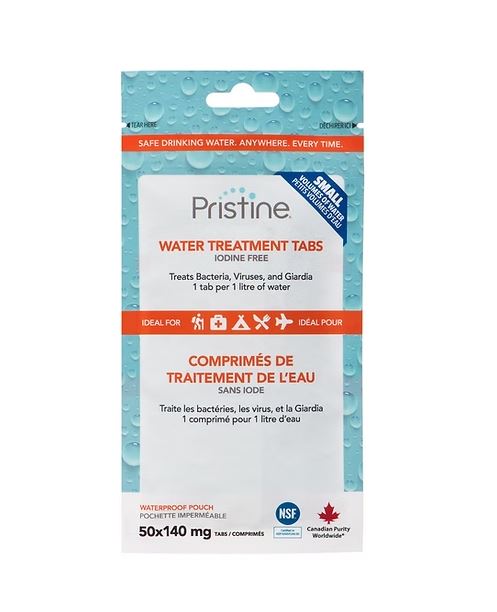 Pristine water treatment tabs packaging on a white background