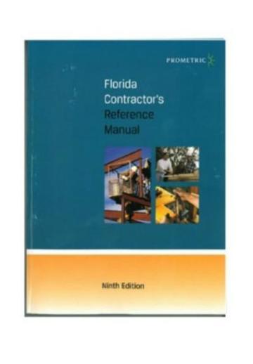 Prometric Florida Contractor’s Reference Manual Ninth Edition with construction site images on blue and orange cover