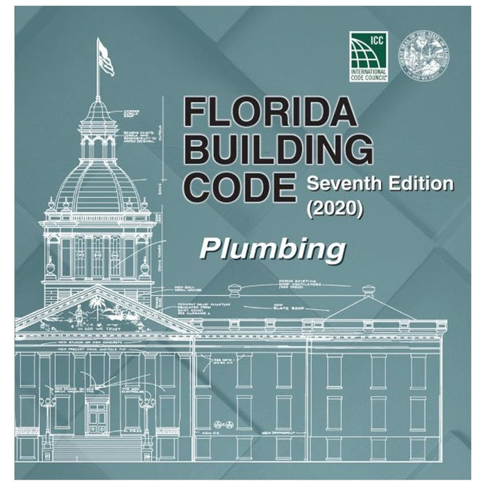Cover of Florida Building Code Seventh Edition 2020 Plumbing with white architectural blueprint on blue background